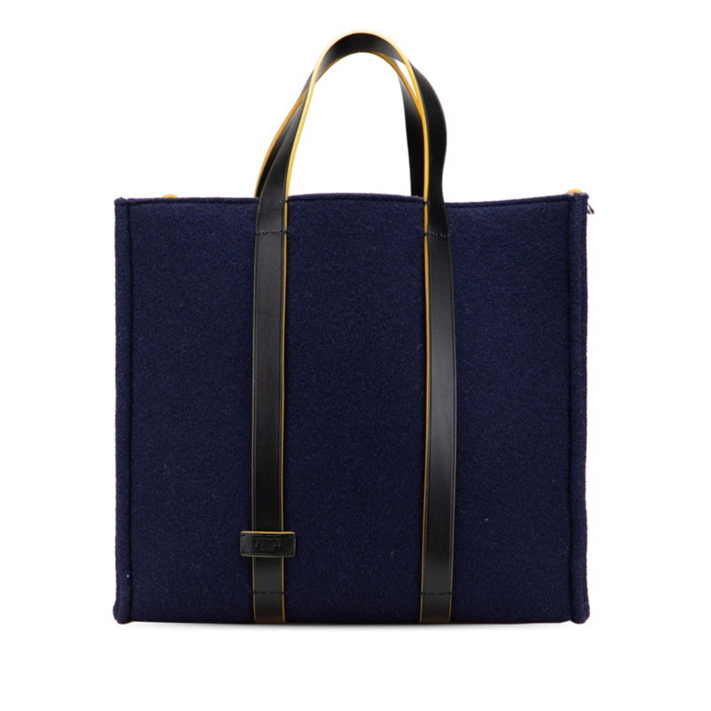 Fendi Navy Wool Leather Handbag Tote Bag (Pre-Owned)