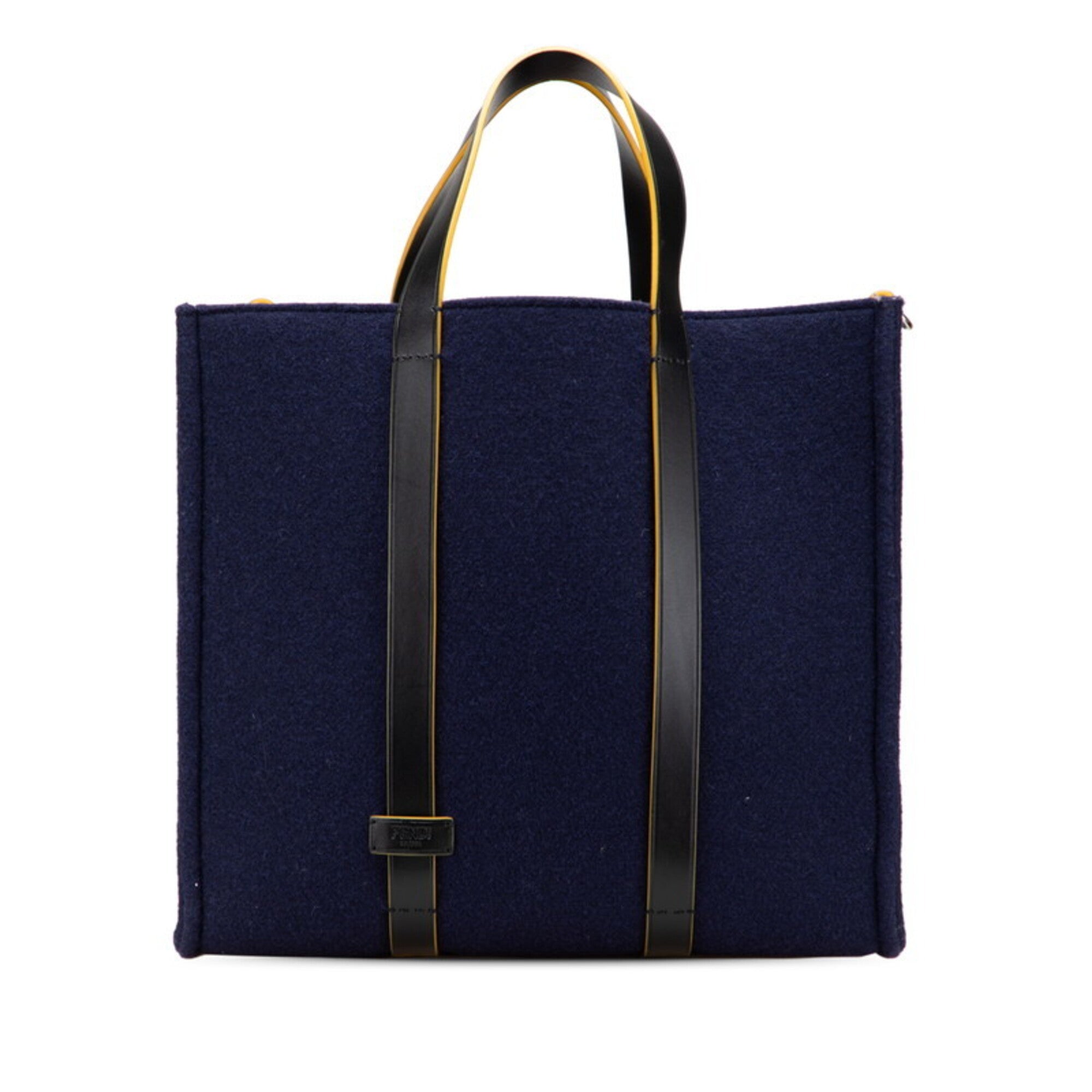 Fendi Navy Wool Leather Handbag Tote Bag (Pre-Owned)