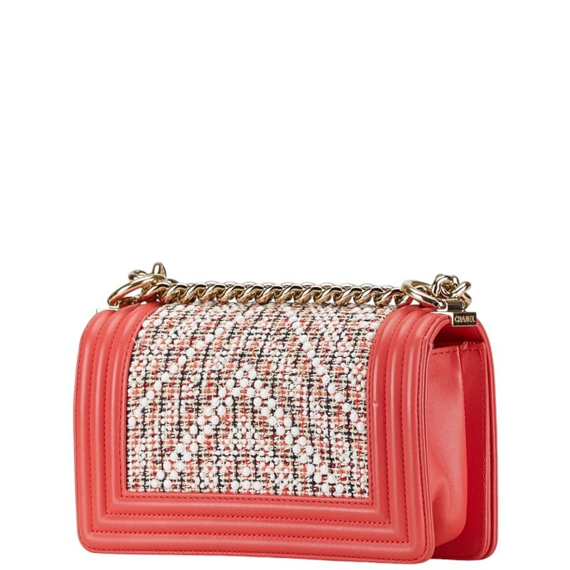 Chanel Boy Chanel Multi-Color Pink White Tweed Leather Shoulder Bag (Pre-Owned)