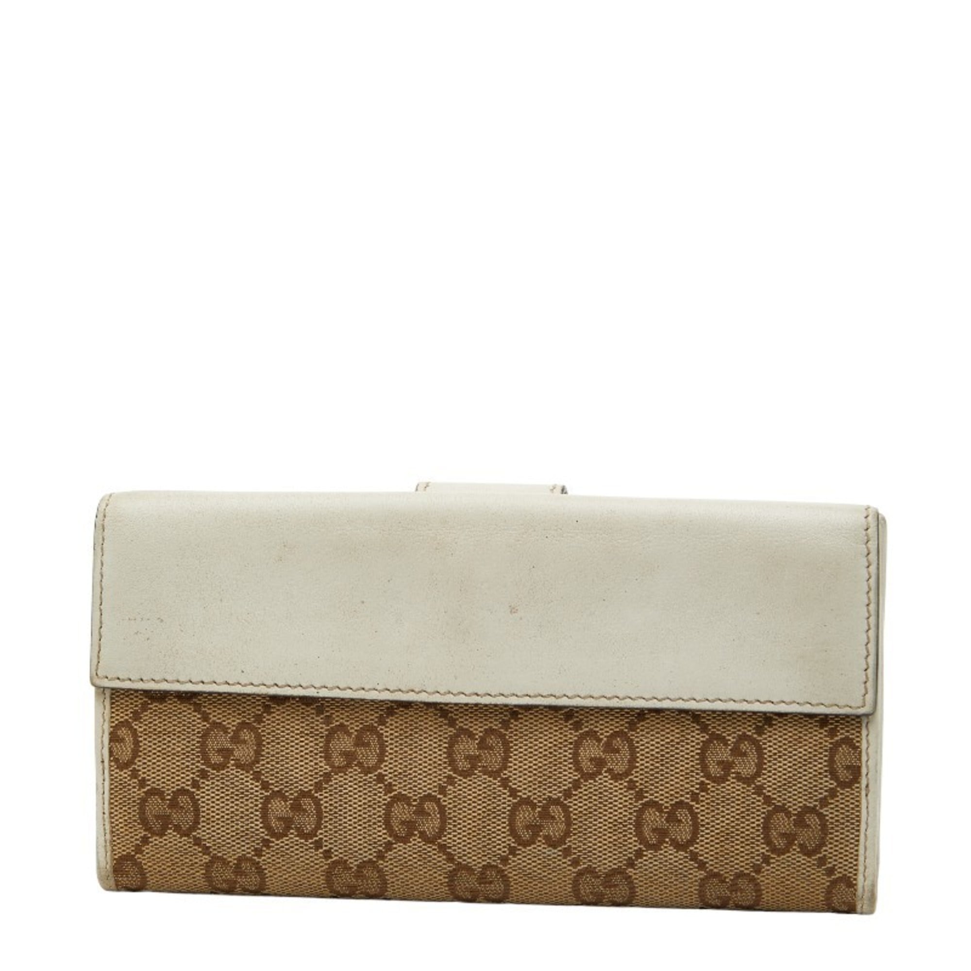 Gucci Beige White Canvas Leather Long Wallet (Bi-Fold) (Pre-Owned)