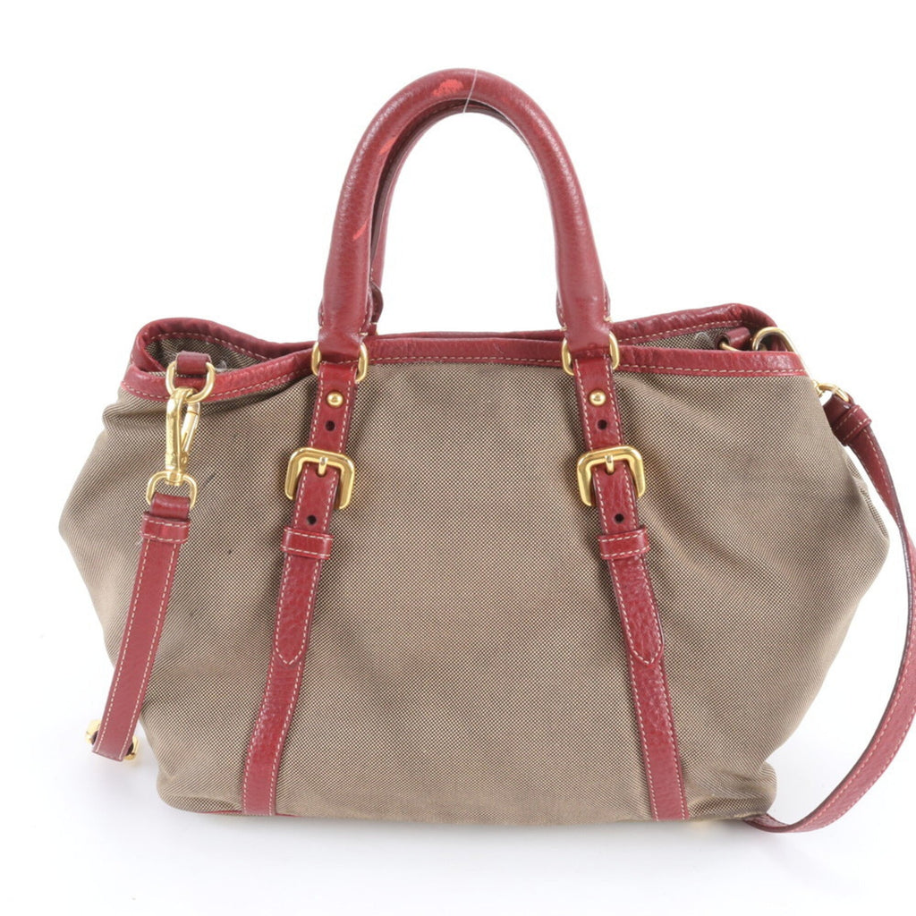 Prada Beige Red Color Leather Handbag Shoulder Bag Tote Bag (Pre-Owned)