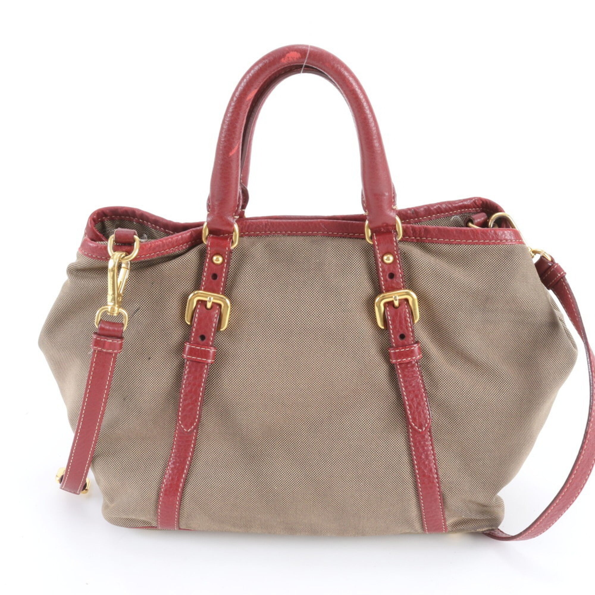 Prada Beige Red Color Leather Handbag Shoulder Bag Tote Bag (Pre-Owned)