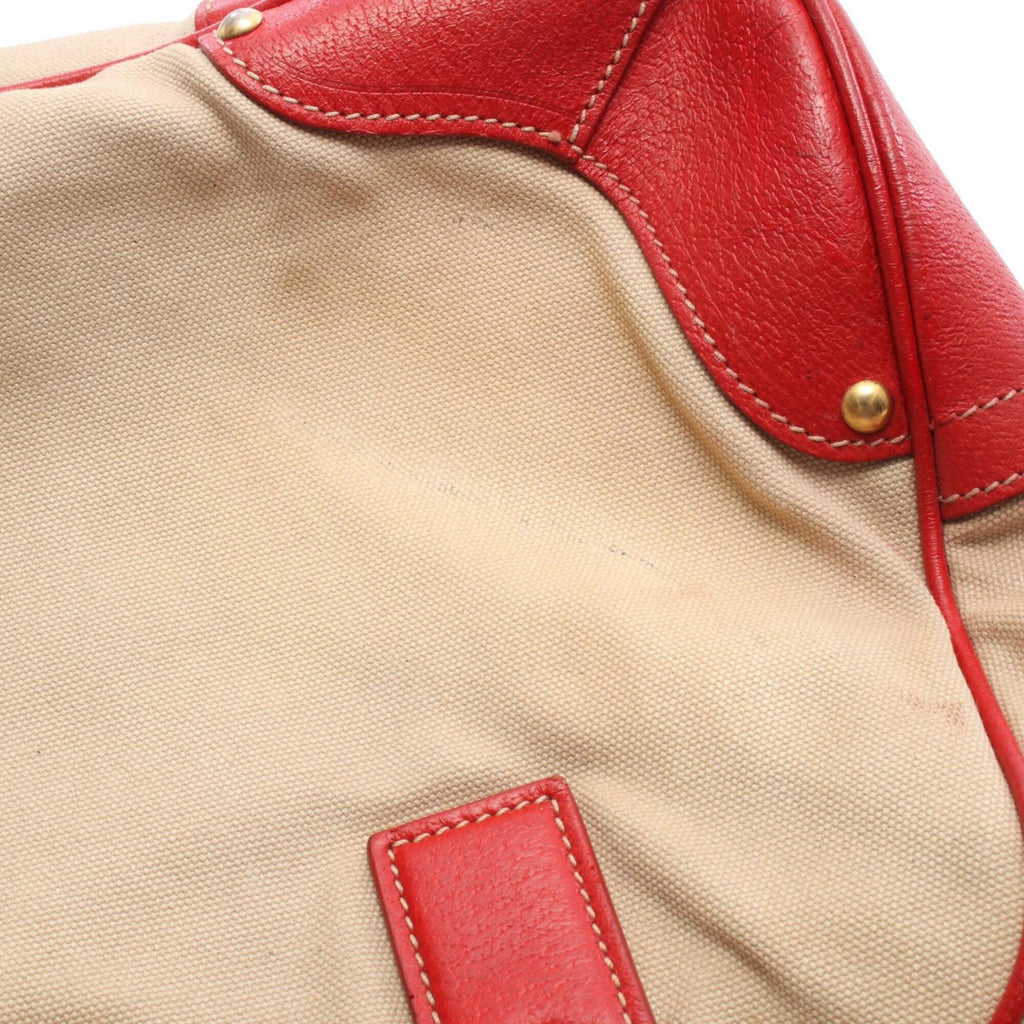 Prada Beige Red Color Canvas Leather Handbag (Pre-Owned)