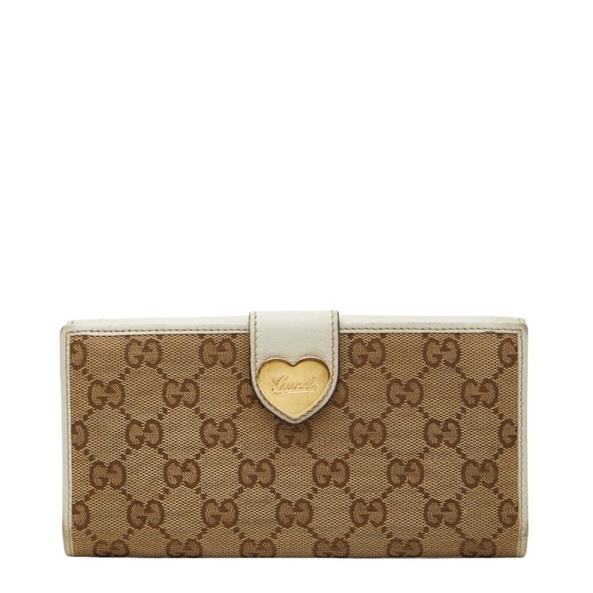Gucci Beige White Canvas Leather Long Wallet (Bi-Fold) (Pre-Owned)