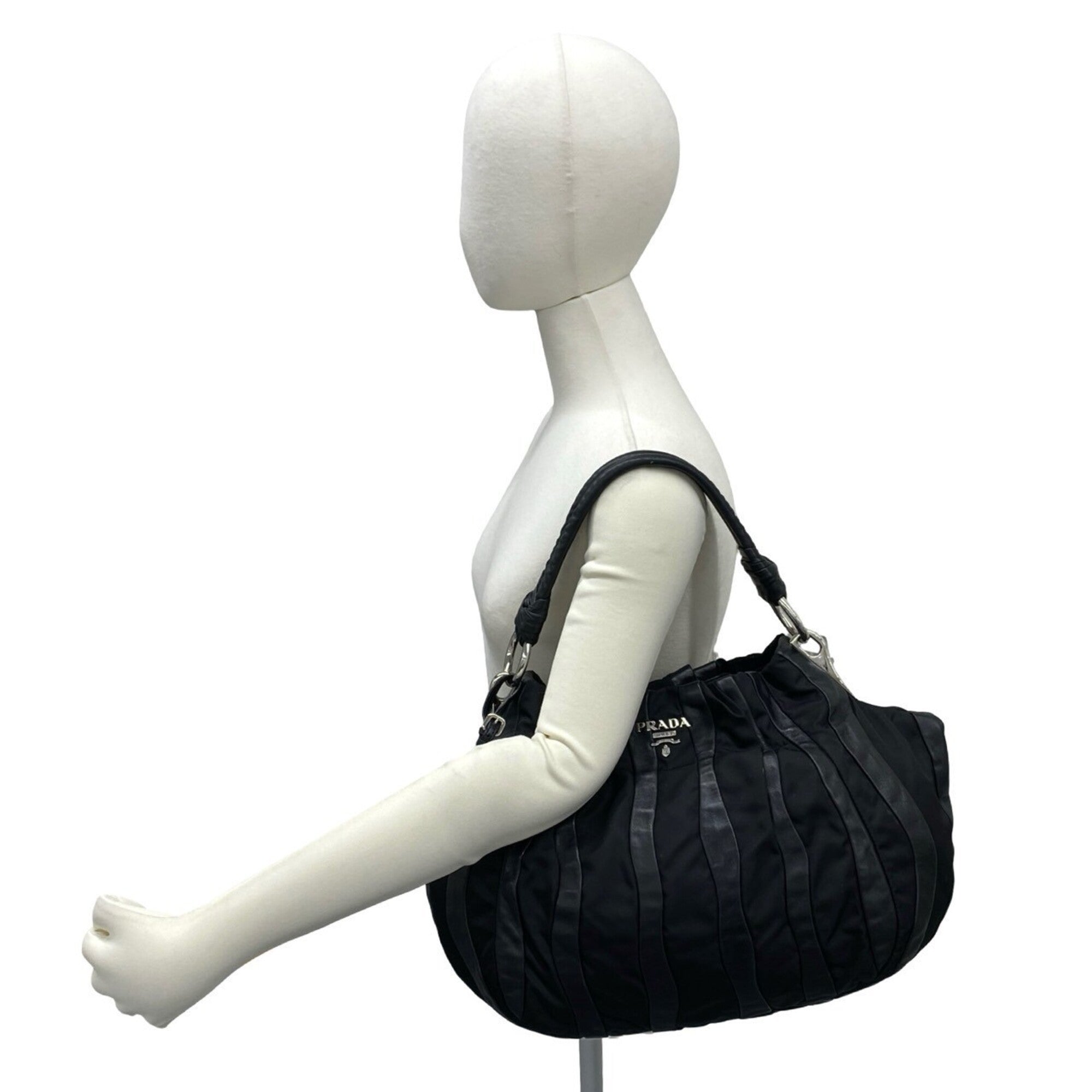 Prada Black Nylon Leather Handbag Shoulder Bag Tote Bag (Pre-Owned)
