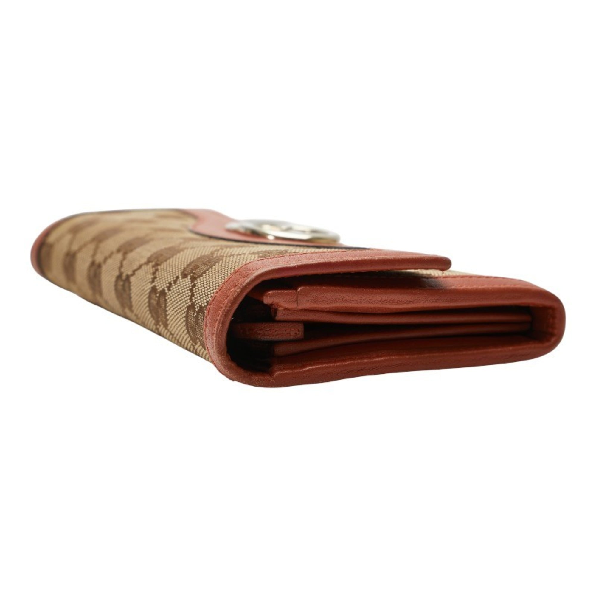 Gucci Beige Brown Gg Canvas Leather Long Wallet (Bi-Fold) (Pre-Owned)