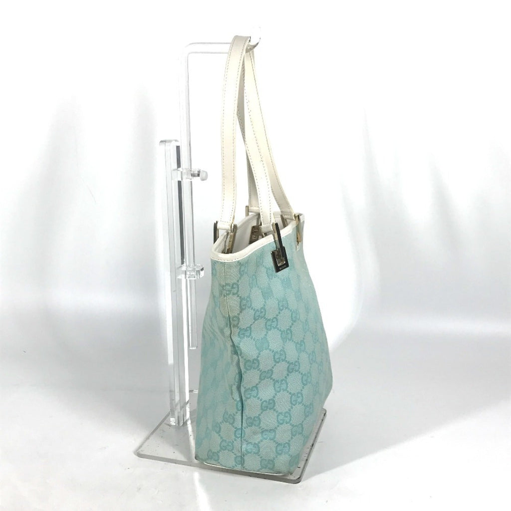 Gucci Blue White Canvas Leather Shoulder Bag Tote Bag (Pre-Owned)