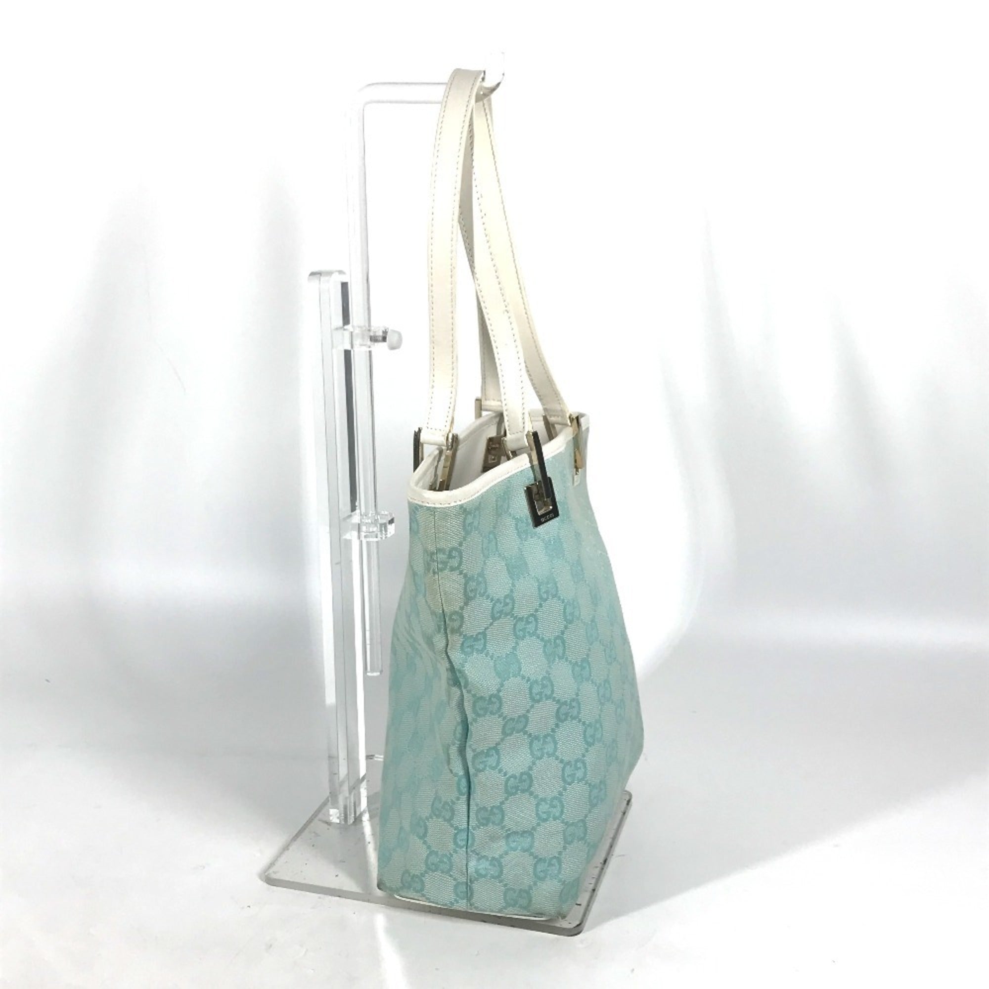 Gucci Blue White Canvas Leather Shoulder Bag Tote Bag (Pre-Owned)