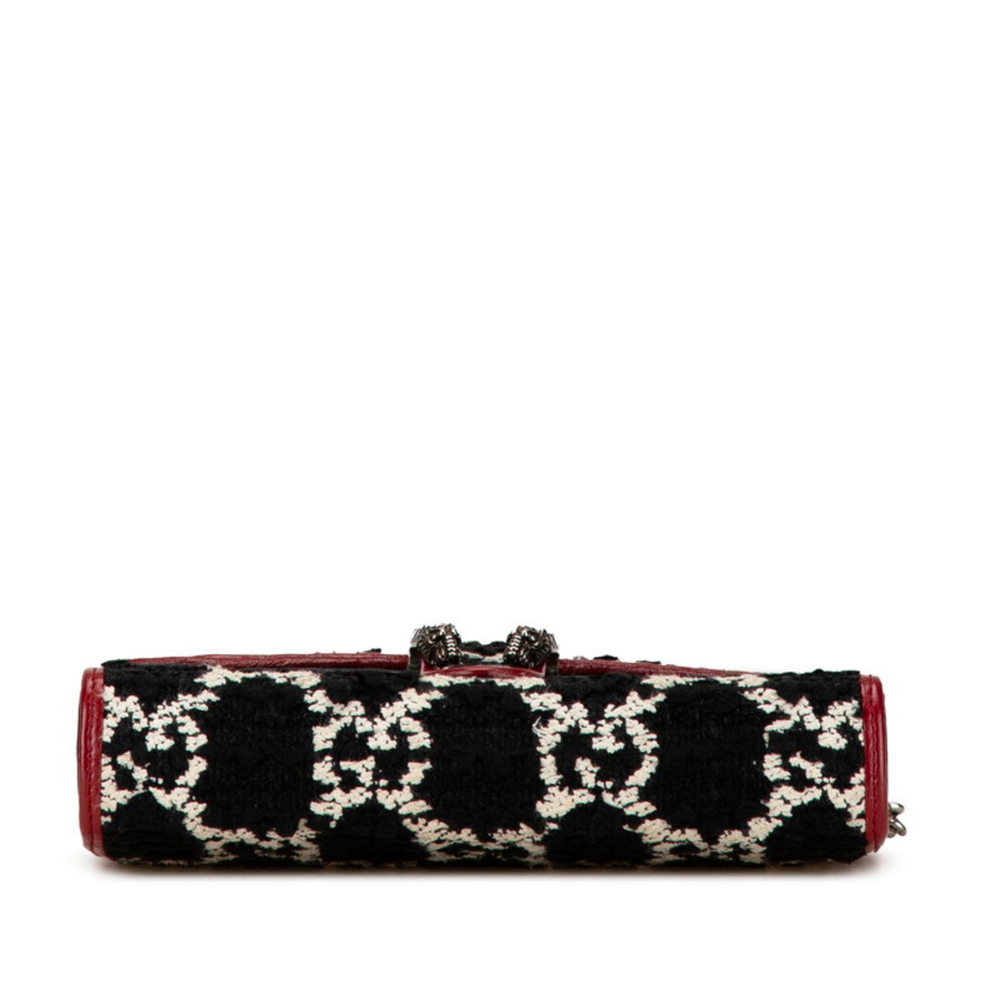 Gucci Black Red Color Tweed Leather Chain/Shoulder Wallet (Pre-Owned)