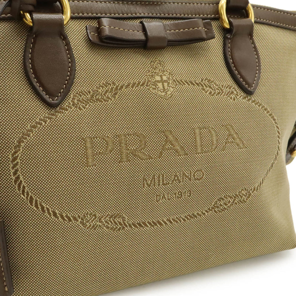 Prada Beige Dark Brown Khaki Canvas Leather Handbag Shoulder Bag (Pre-Owned)