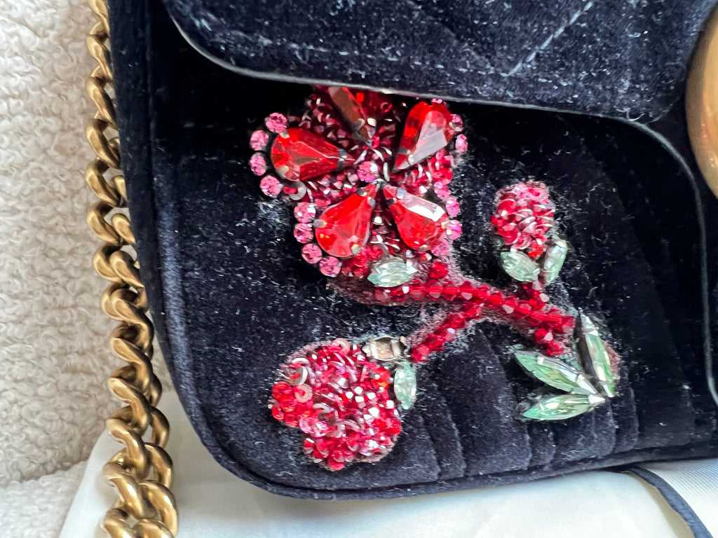 Gucci GG Black Velvet Embellished Marmont Mini Shoulder Bag