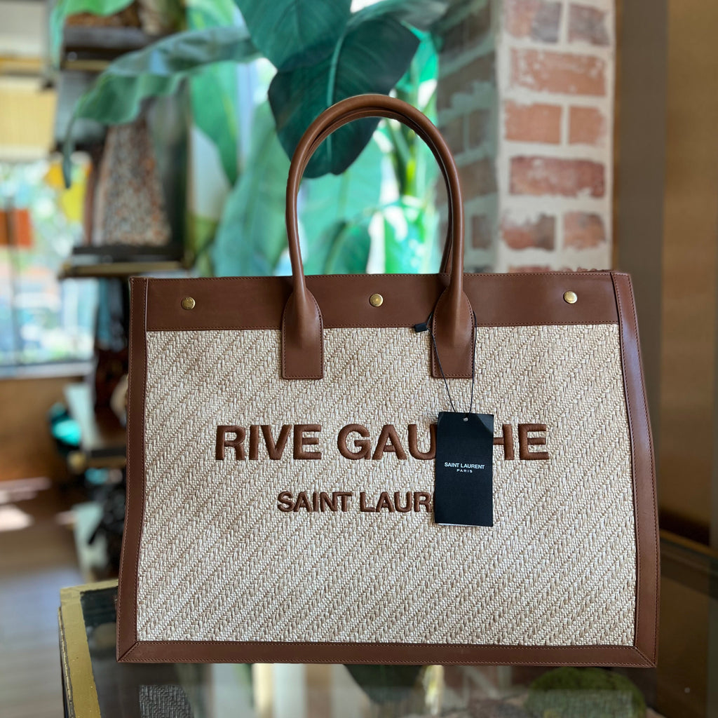 SAINT LAURENT Rive Gauche Raffia Linen Calfskin Tote