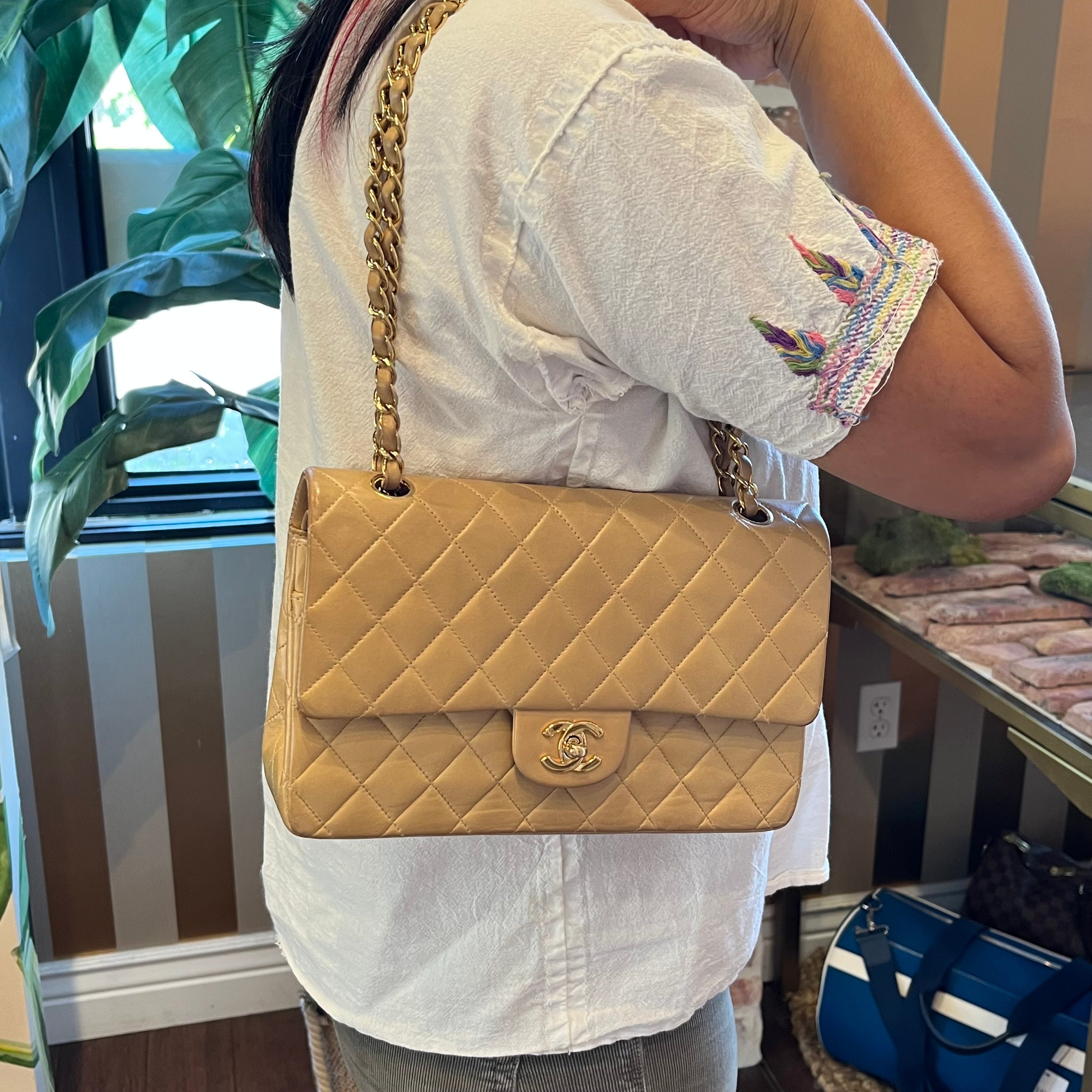 CHANEL Classic Double Flap Medium Beige Quilted Lambskin Vintage Shoulder Bag