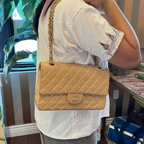 CHANEL Classic Double Flap Medium Beige Quilted Lambskin Vintage Shoulder Bag