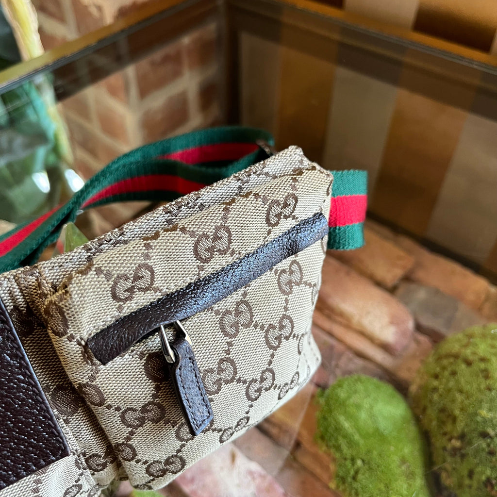 GUCCI Beige Brown GG Web Canvas Double Pocket Belt Bag