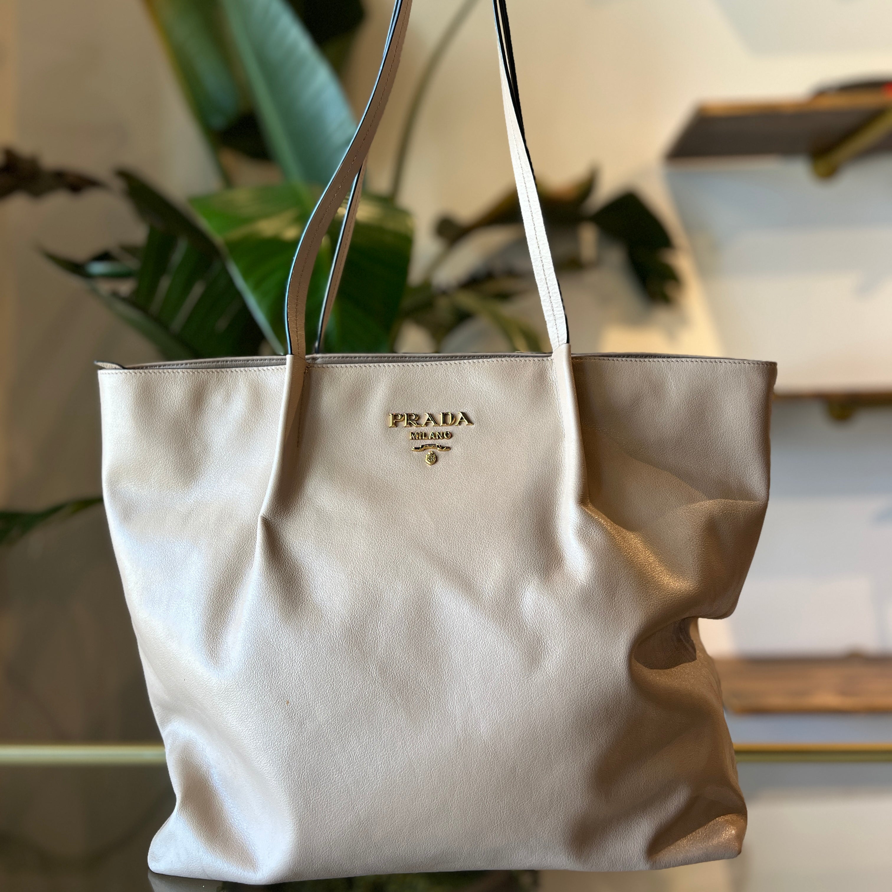 PRADA Argilla Glacé Calf Leather Beige Tote Bag
