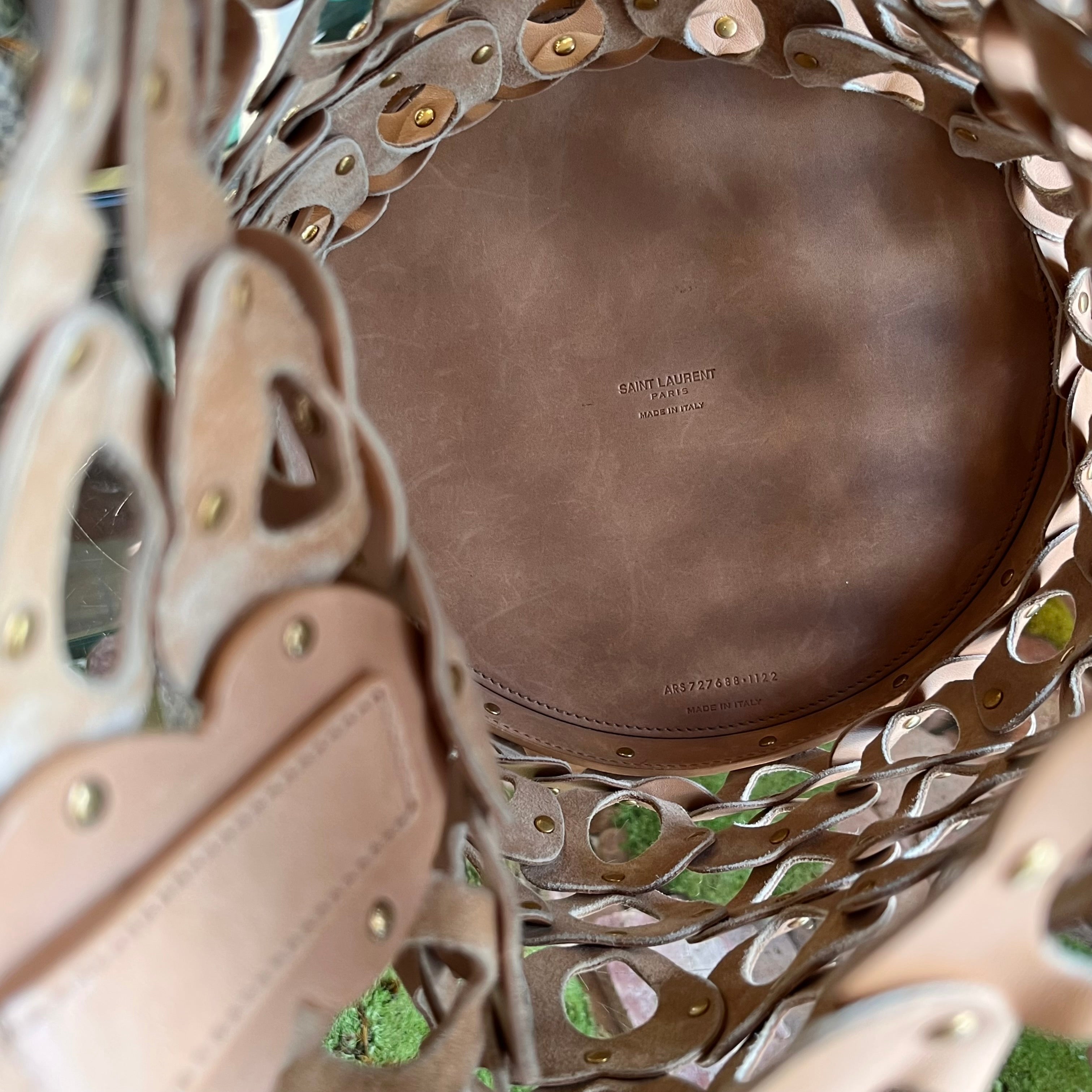 SAINT LAURENT Studded Seau Coeur Vegetable Tanned Calfskin Vintage Brown Bucket Bag
