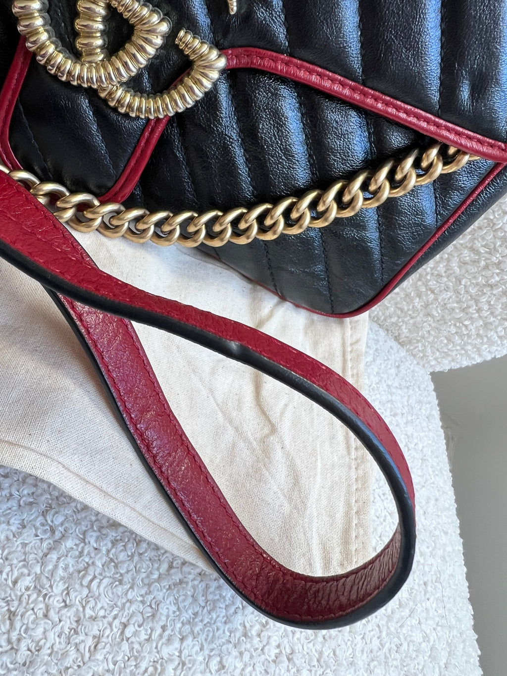Gucci GG Black and Red Torchon Marmont Small Shoulder Bag