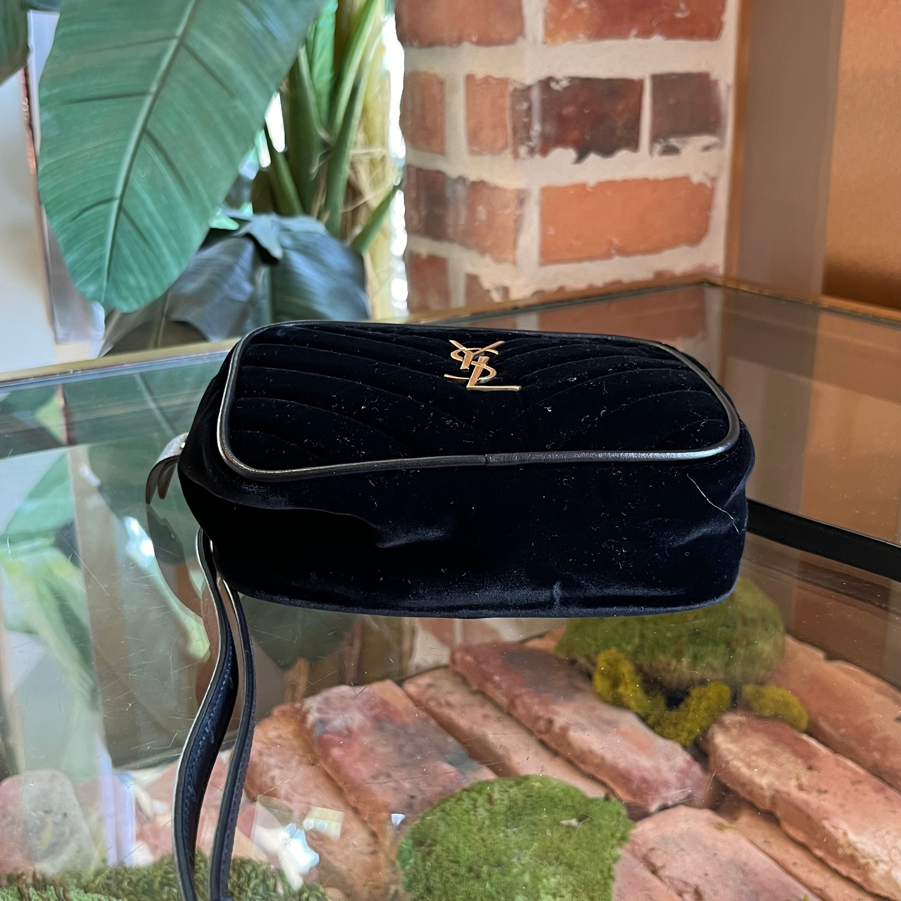 SAINT LAURENT Loulou Small Black Velvet Chevron Quilted Belt Bag