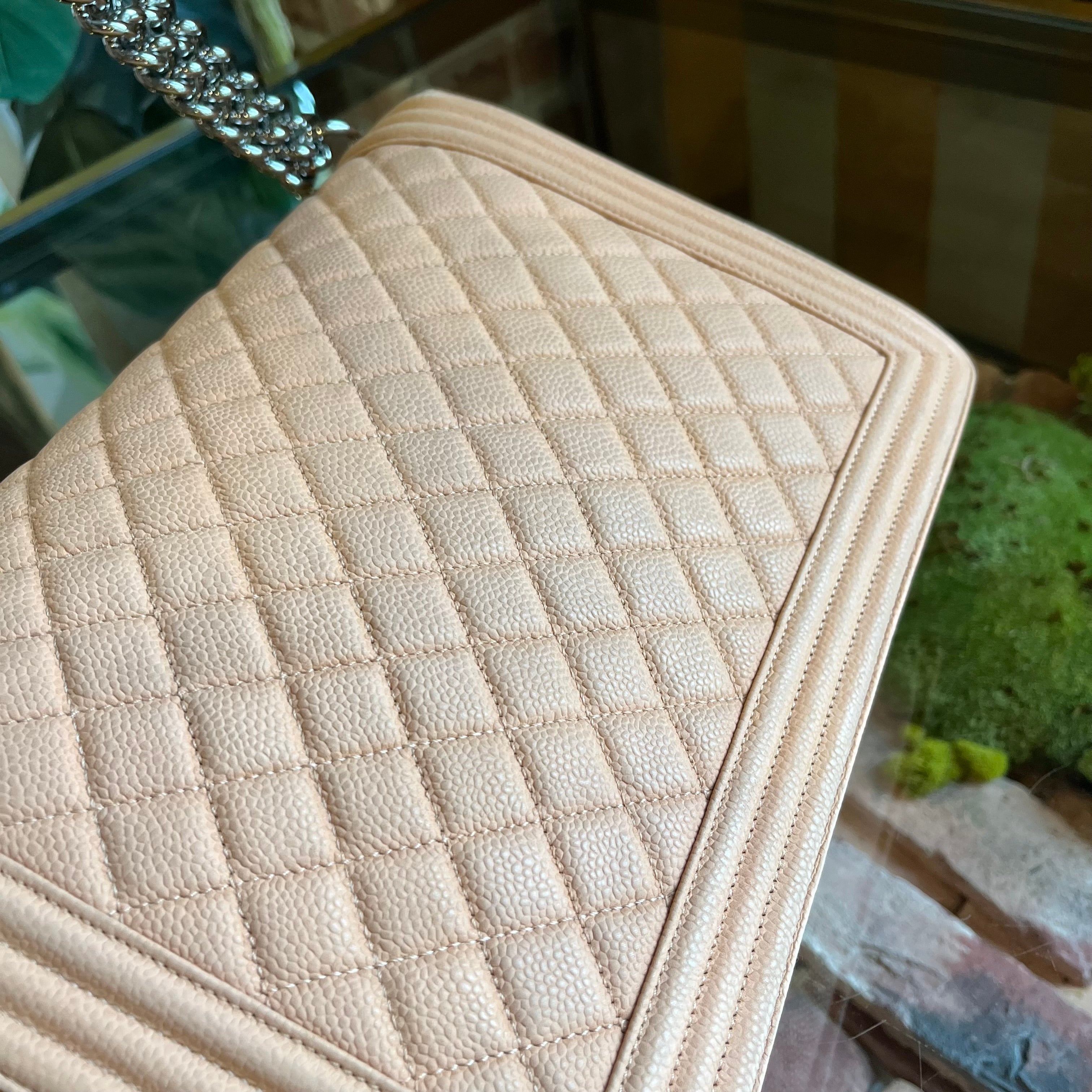 CHANEL Large Boy Bag Peach Quilted Matte Caviar Leather Shoulder Bag