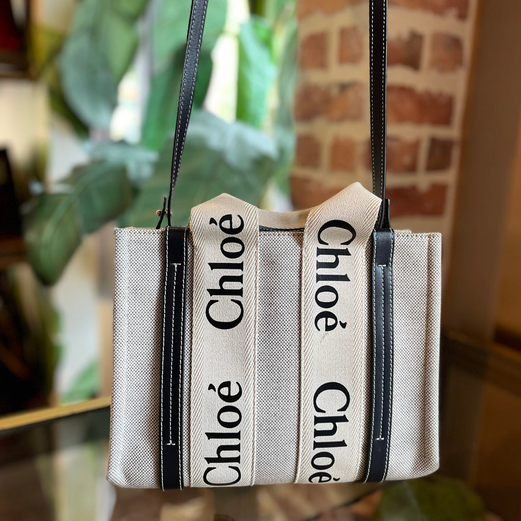 CHLOE Woody Logo Strap Linen Tote