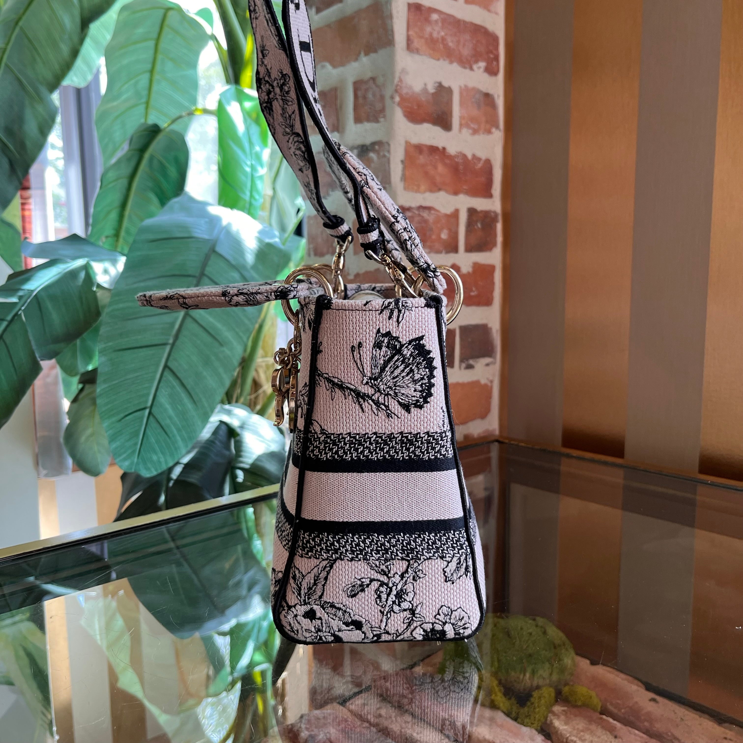 DIOR Lady D-Lite Medium Pink Canvas Embroidered Jardin Botanique Tote
