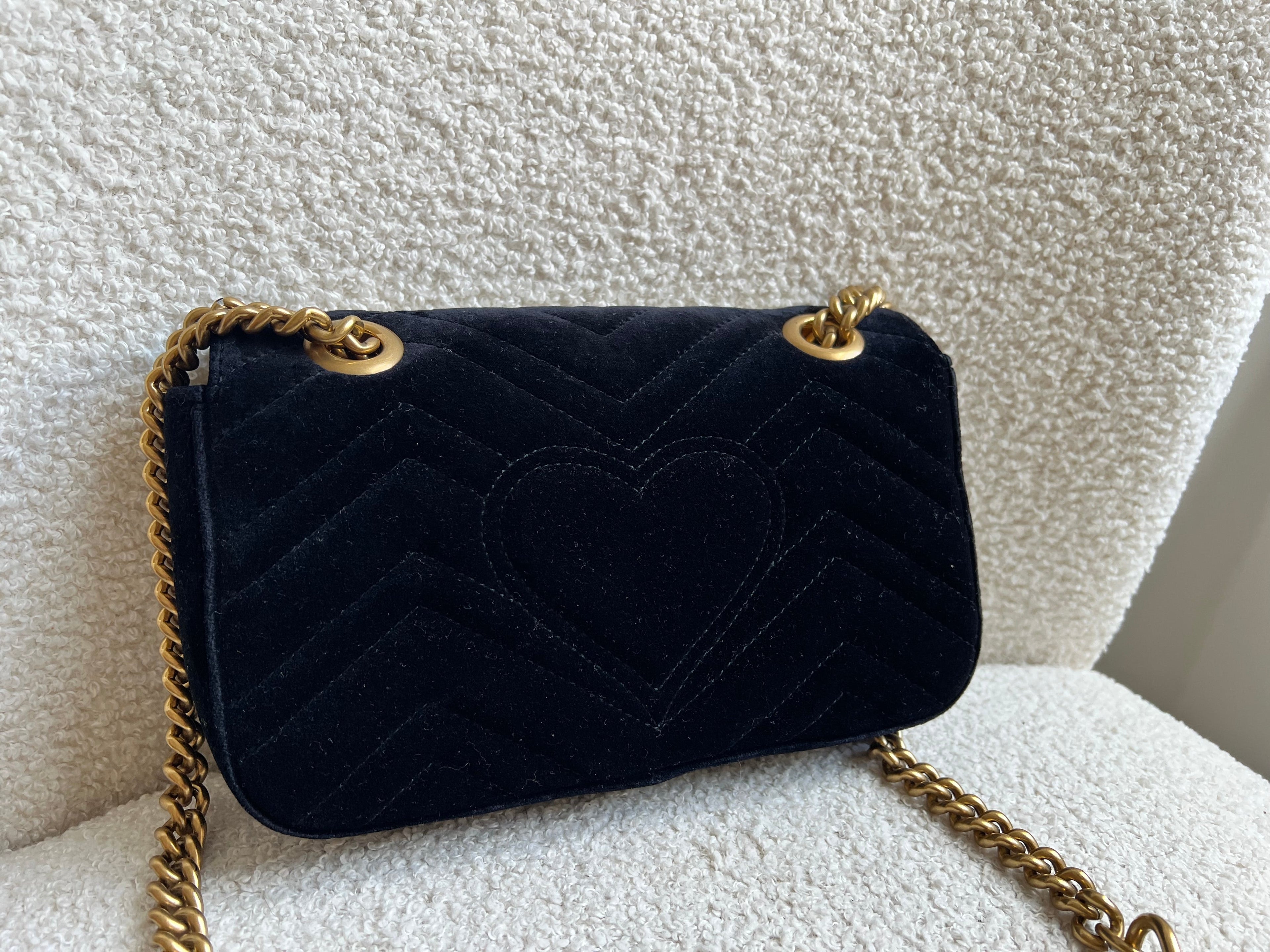 Gucci GG Black Velvet Embellished Marmont Mini Shoulder Bag