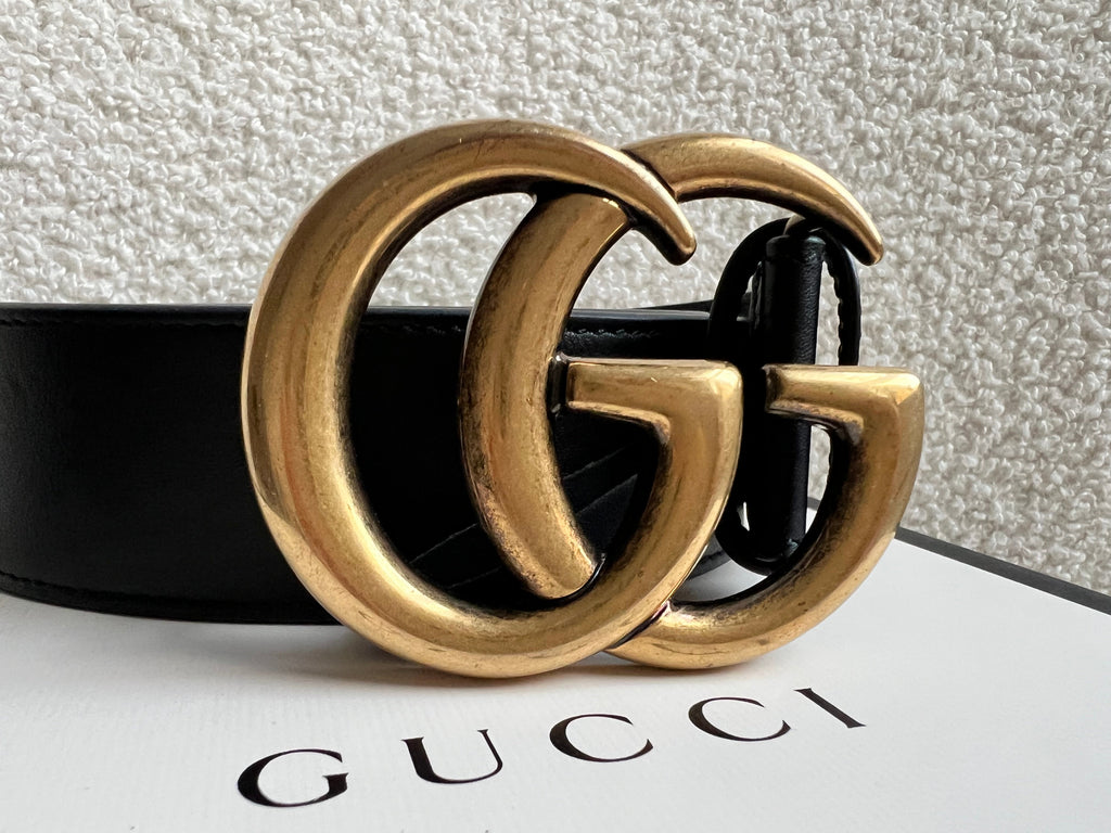 Gucci GG Marmont Black Wide Leather Belt with Shiny Gold Buckle (RRP £410)