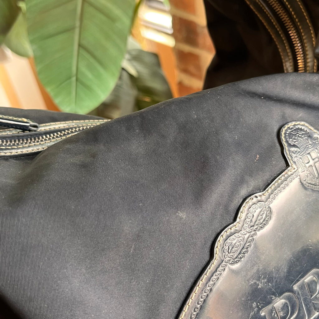 PRADA Navy Blue Nylon Embossed Leather Logo Hobo Bag