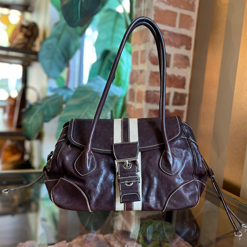 PRADA Buckle Striped Brown Shoulder Bag