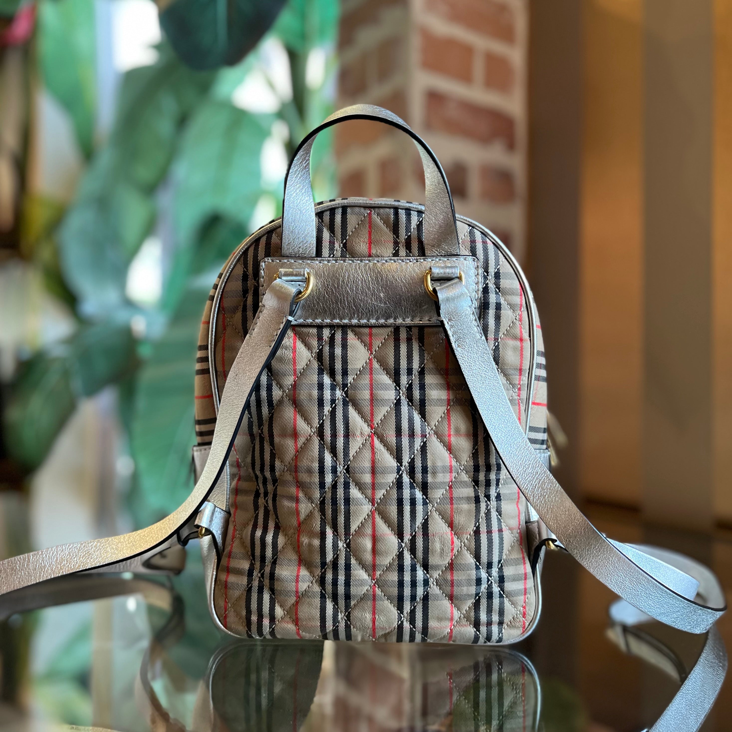 BURBERRY 1983 Knight Check Link Silver Smooth Calfskin Backpack