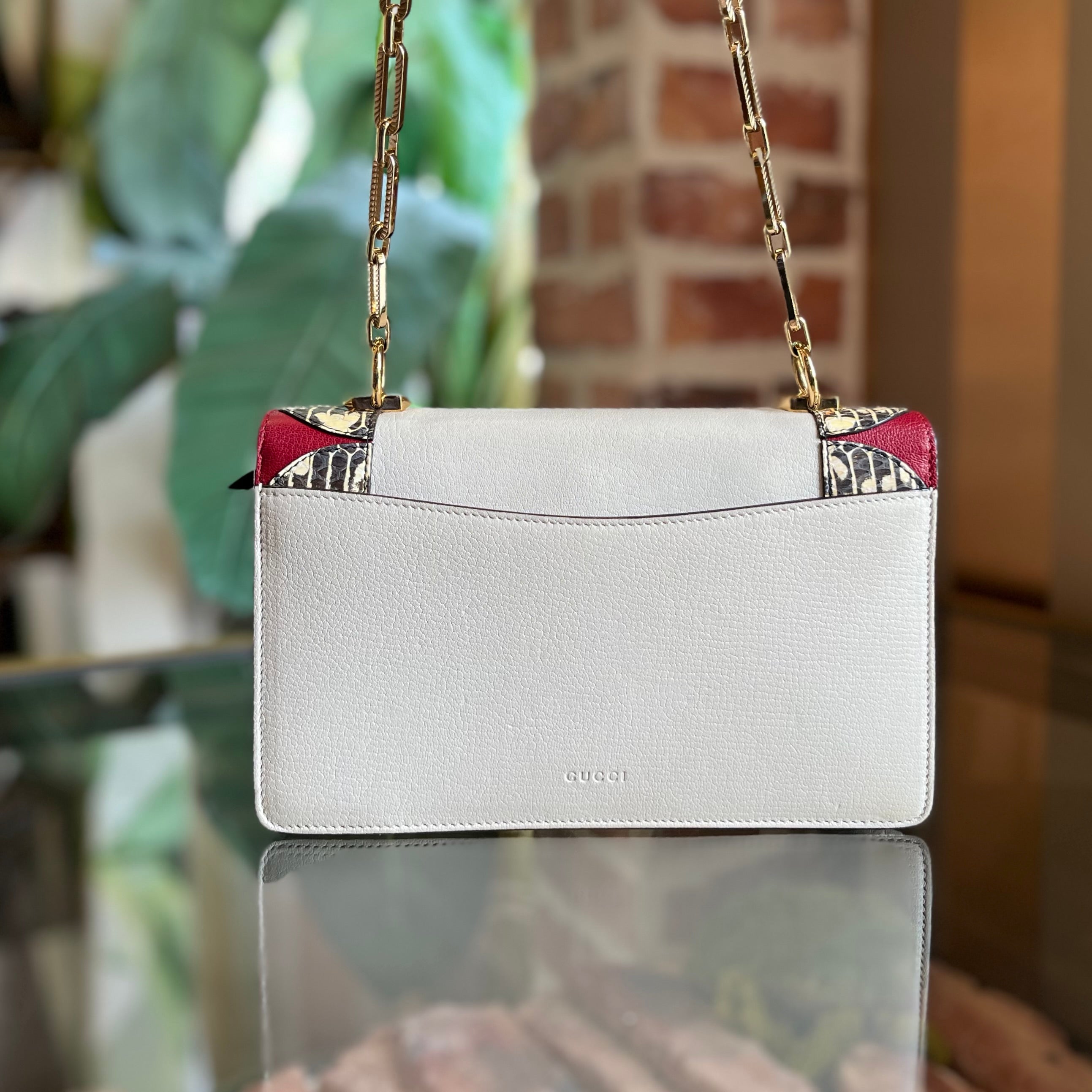 GUCCI White Red Goatskin Snakeskin Fox Broche Shoulder Bag