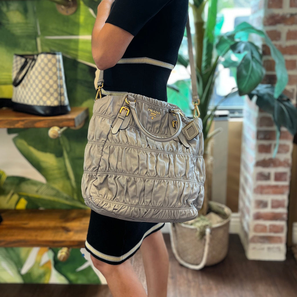 PRADA Gray Nappa Gaufre 2-Way Leather Tote Bag