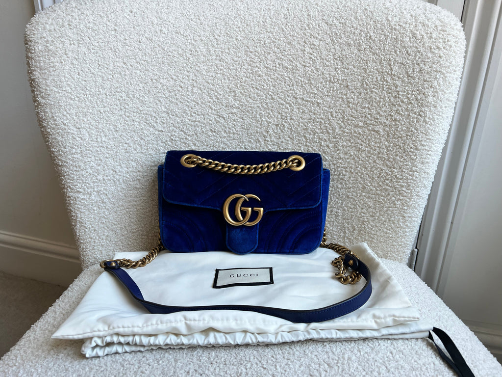 Gucci GG Blue Mini Velvet Marmont Mini Shoulder Bag