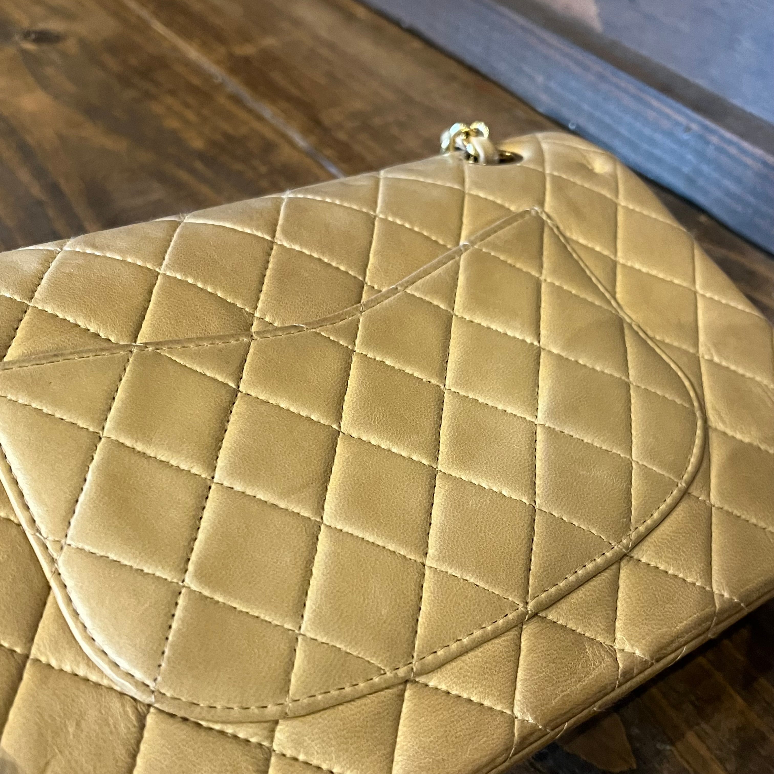 CHANEL Classic Double Flap Medium Beige Quilted Lambskin Vintage Shoulder Bag