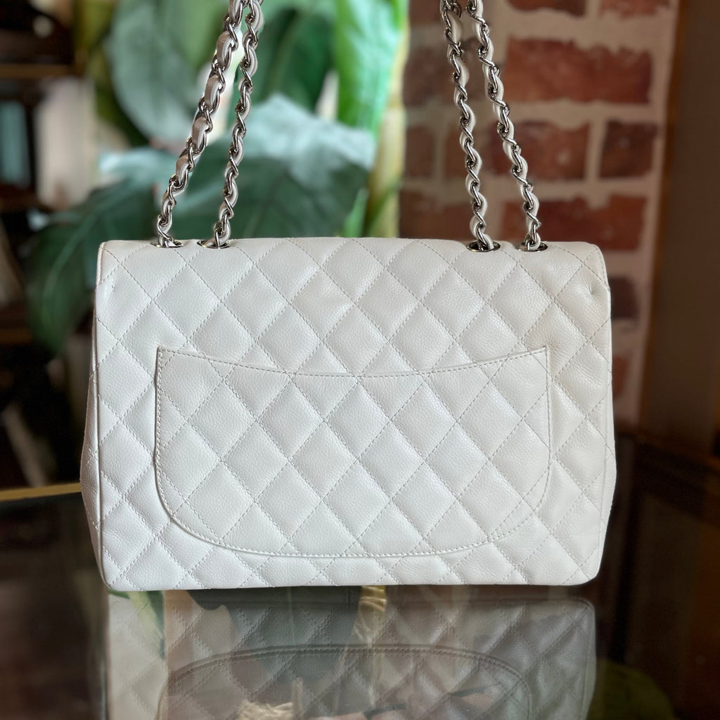 CHANEL White Caviar Jumbo Single Flap Shoulder Bag