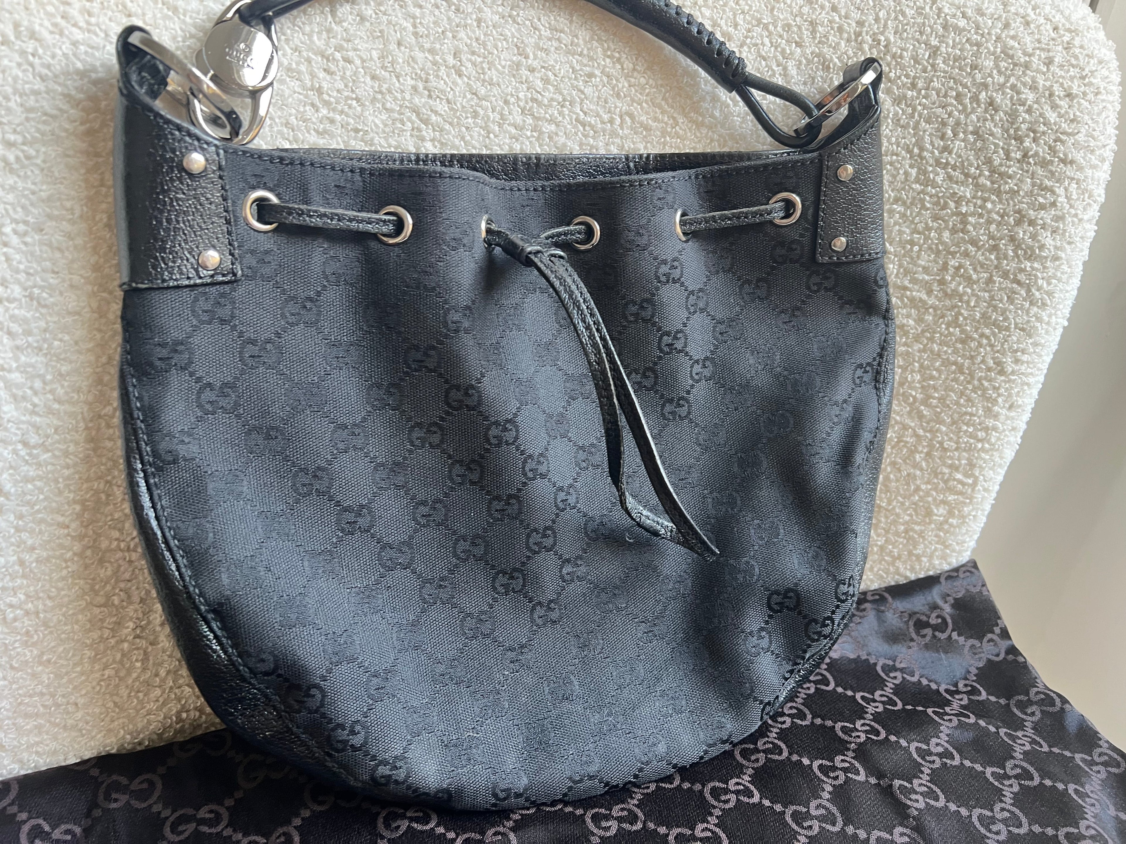 Gucci Black GG Canvas Drawstring Shoulder Bag
