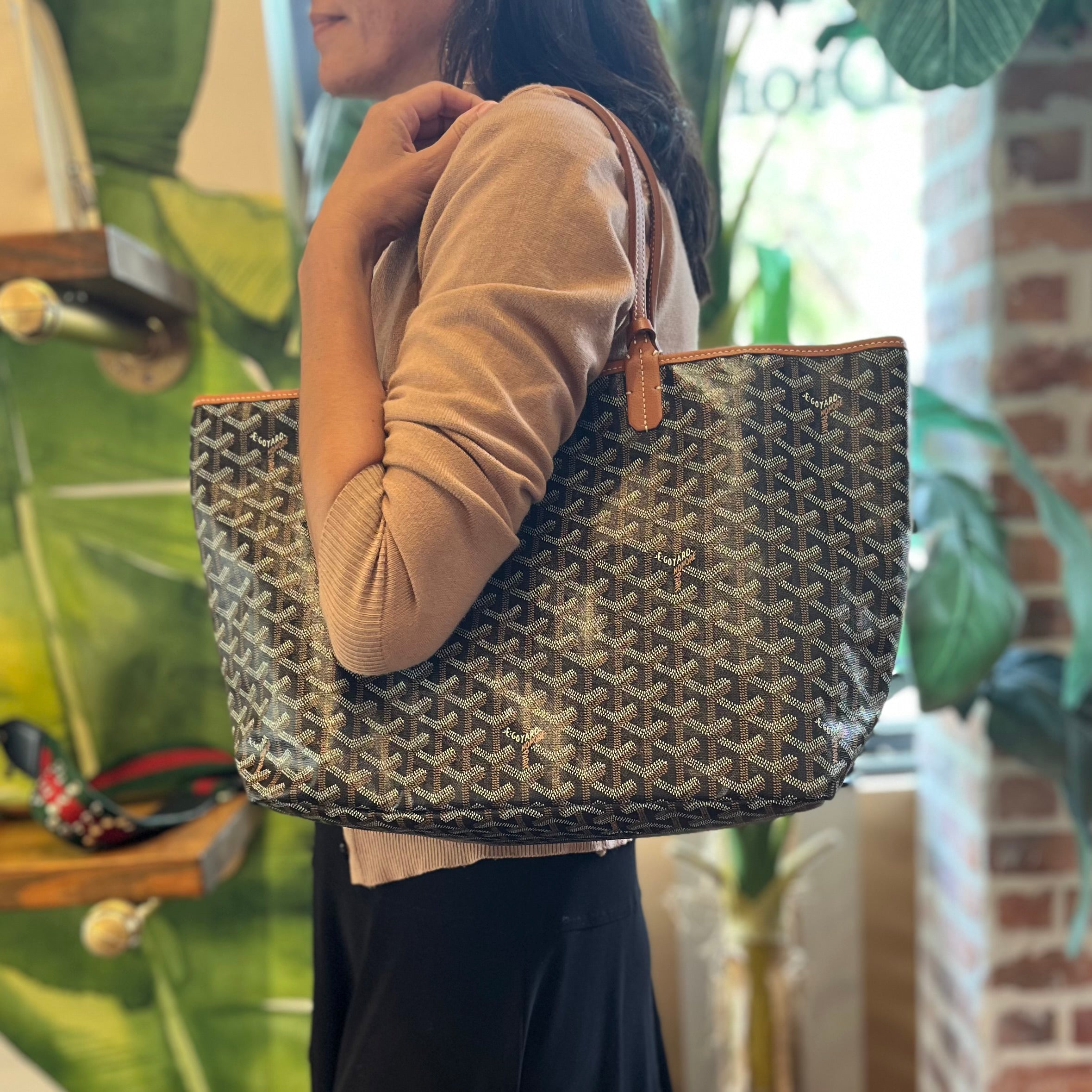 GOYARD Saint Louis PM Black Goyardine Canvas Chevroches Calfskin Tote