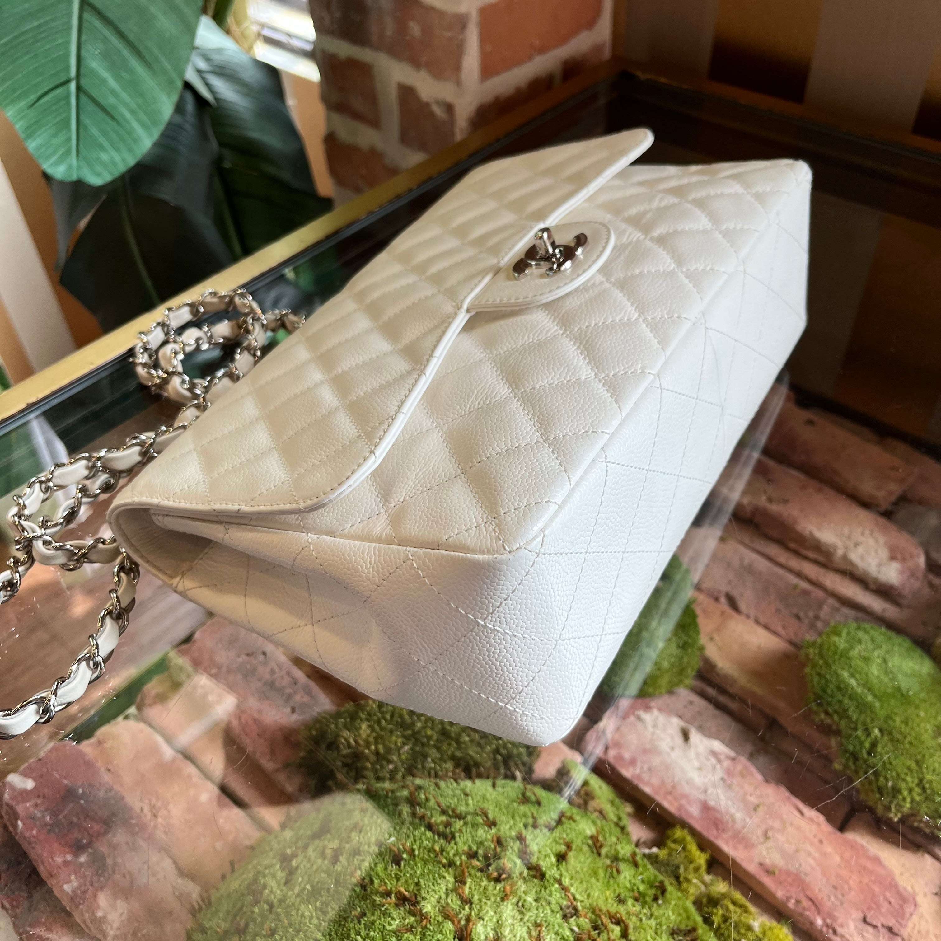 CHANEL White Caviar Jumbo Single Flap Shoulder Bag