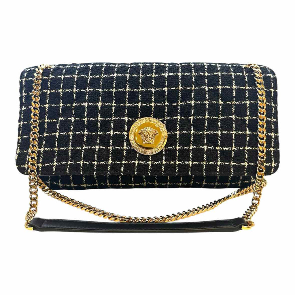 VERSACE black, white Tweed Checkered Handbag