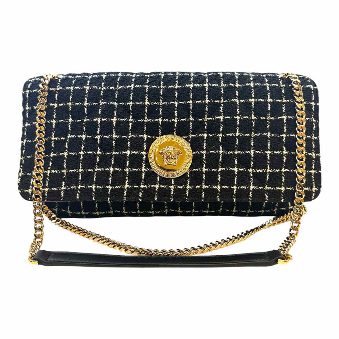VERSACE black, white Tweed Checkered Handbag