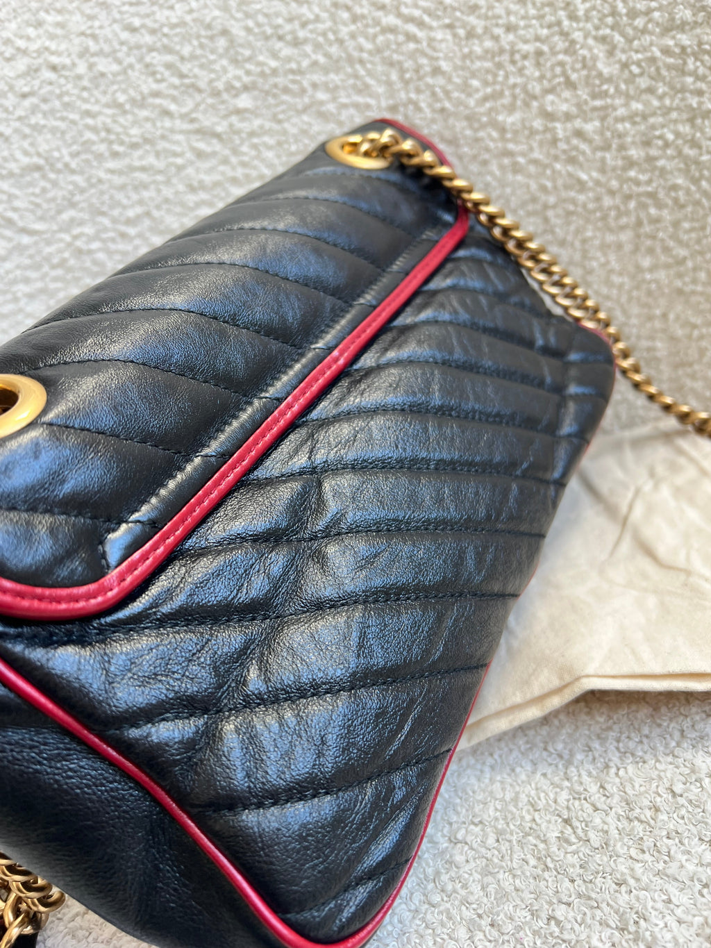 Gucci GG Black and Red Torchon Marmont Small Shoulder Bag
