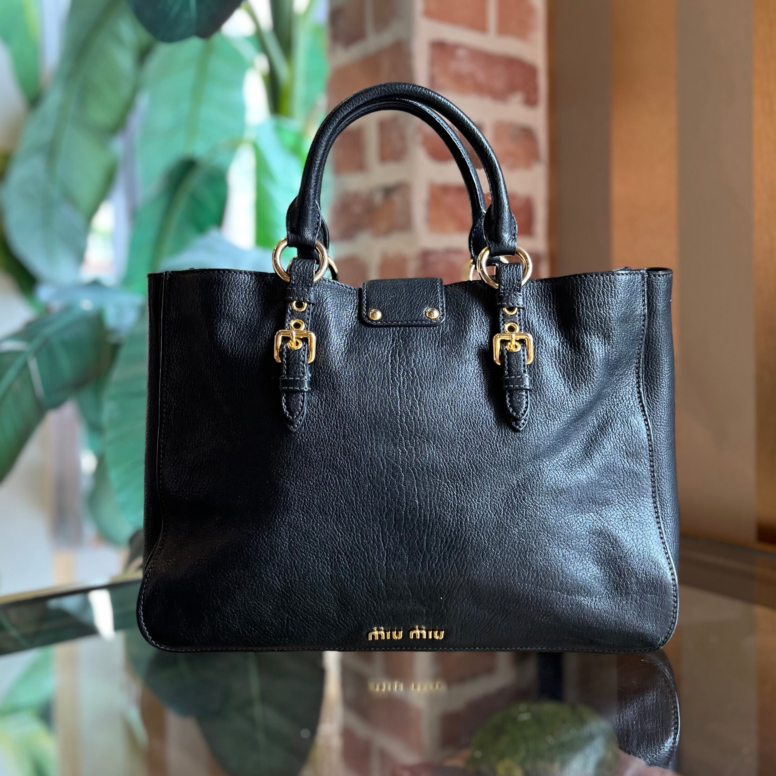 MIU MIU Madras Black Goatskin Tote Bag