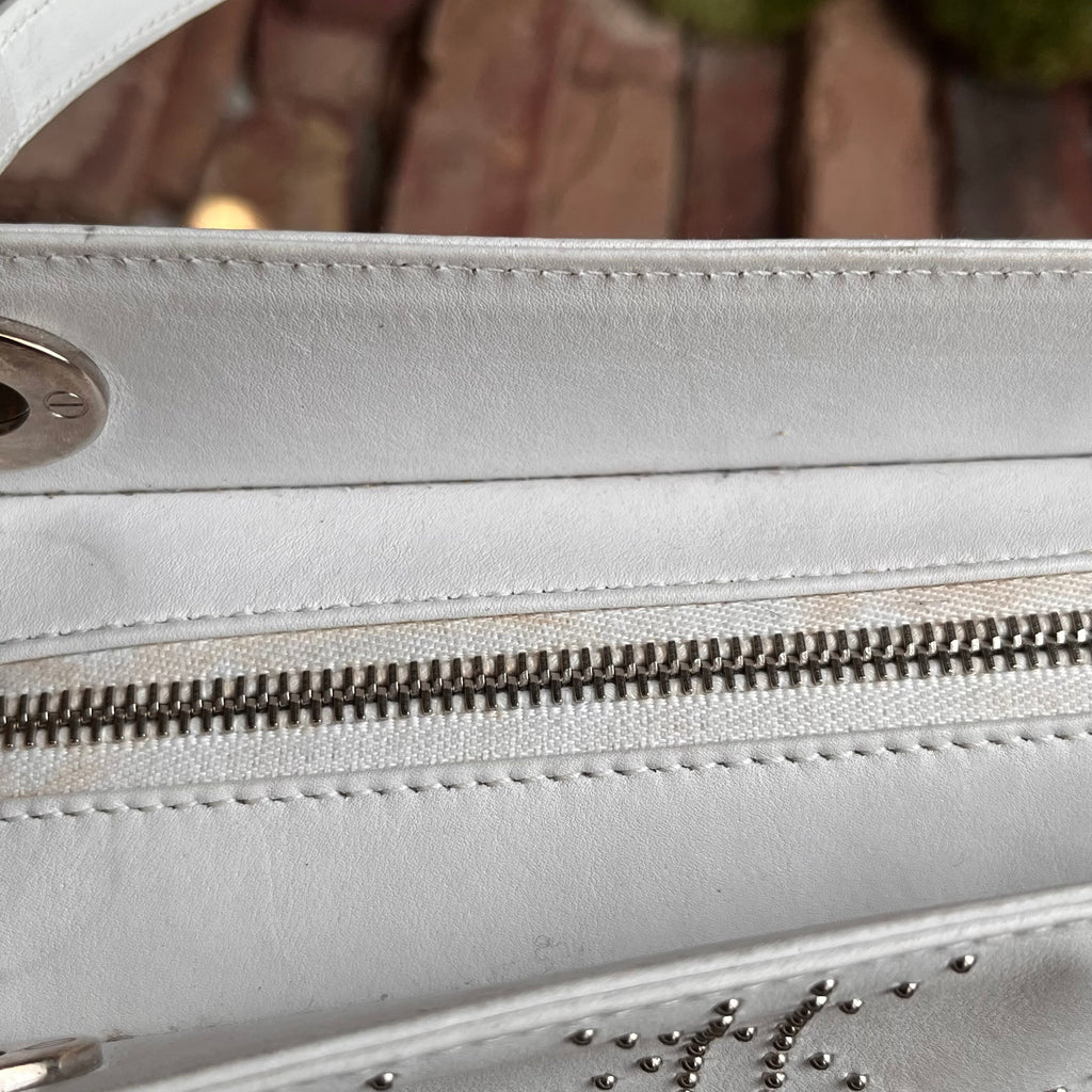DIOR Lady Dior East West White Calfskin Leather Studded Tote Bag