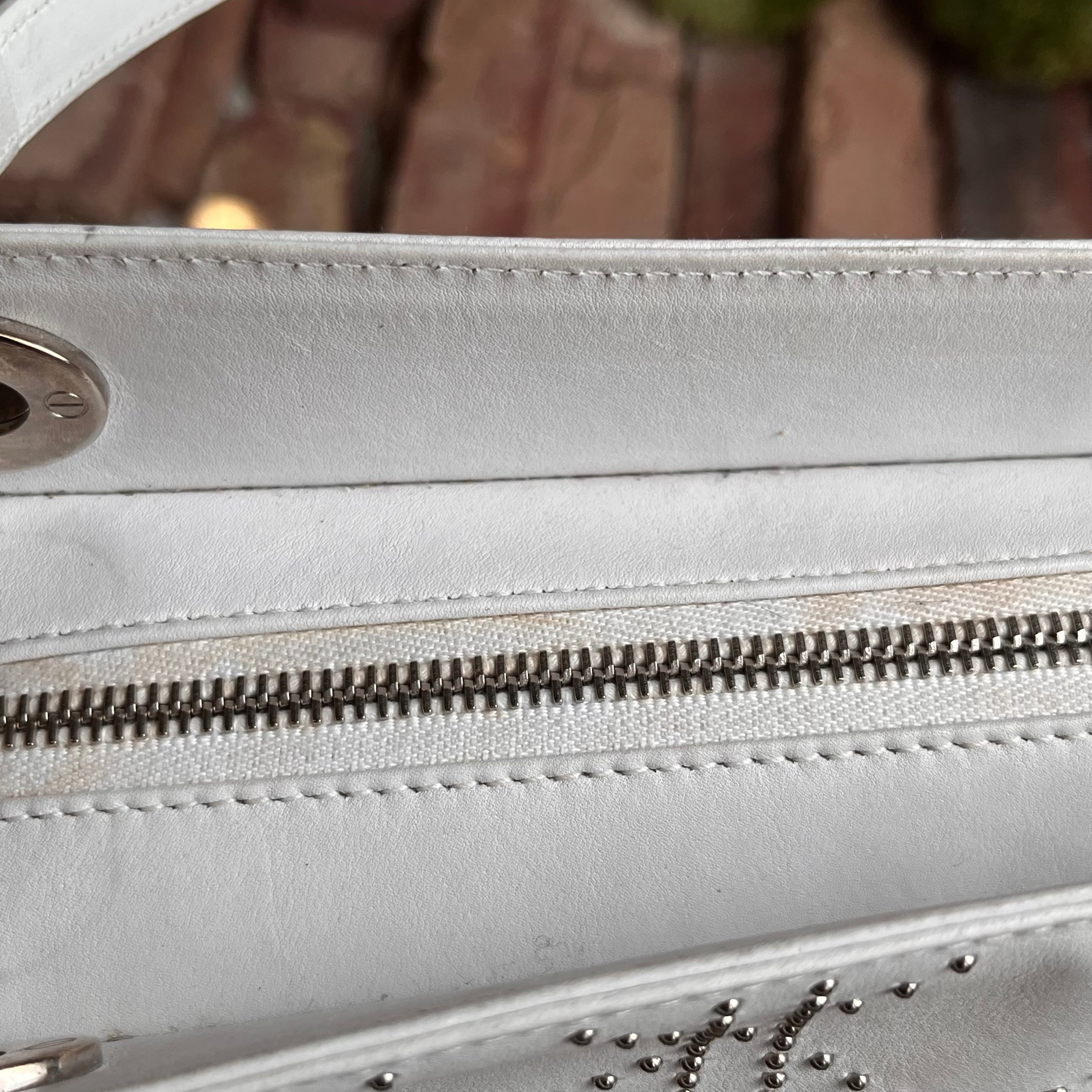 DIOR Lady Dior East West White Calfskin Leather Studded Tote Bag
