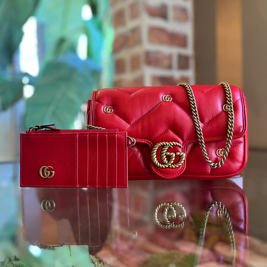 GUCCI GG Marmont Mini Red Matelassé Double G Studs Torchon Shoulder Bag