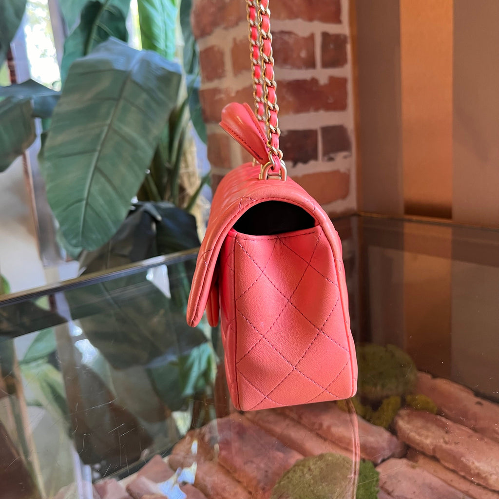 CHANEL Rectangular Mini Flap Pink Orange Lambskin Leather Top Handle