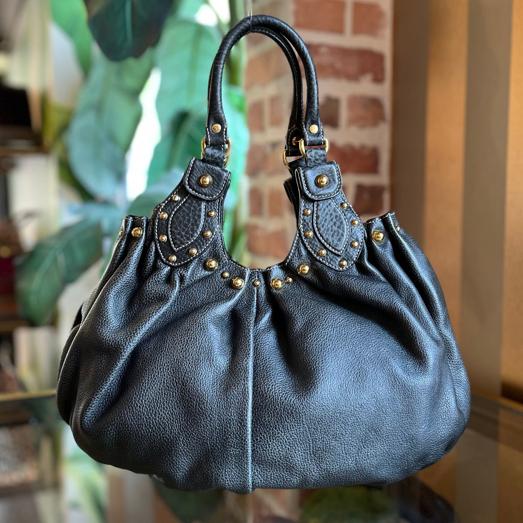 GUCCI Studded Pelham Black Leather Shoulder Bag