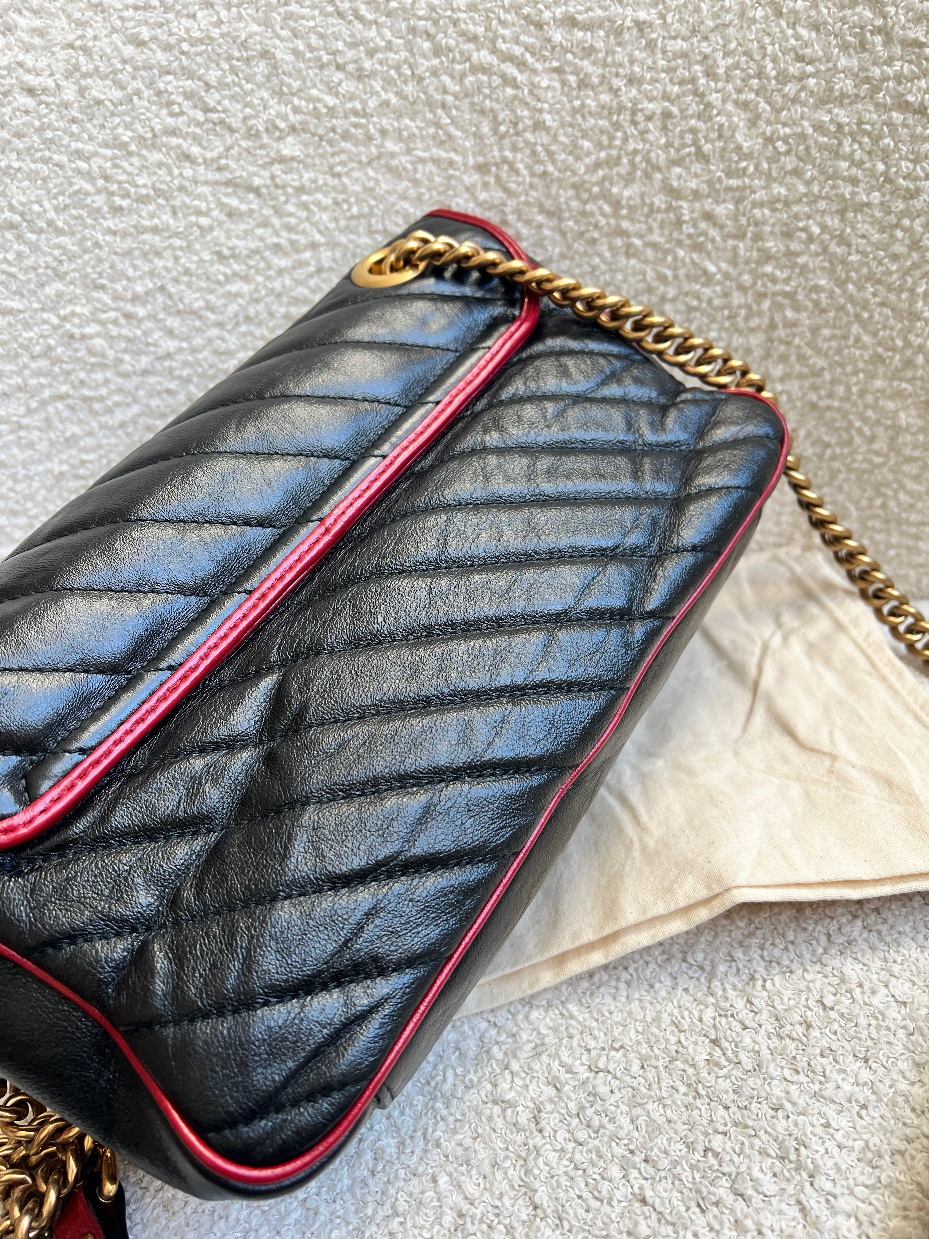 Gucci GG Black and Red Torchon Marmont Small Shoulder Bag