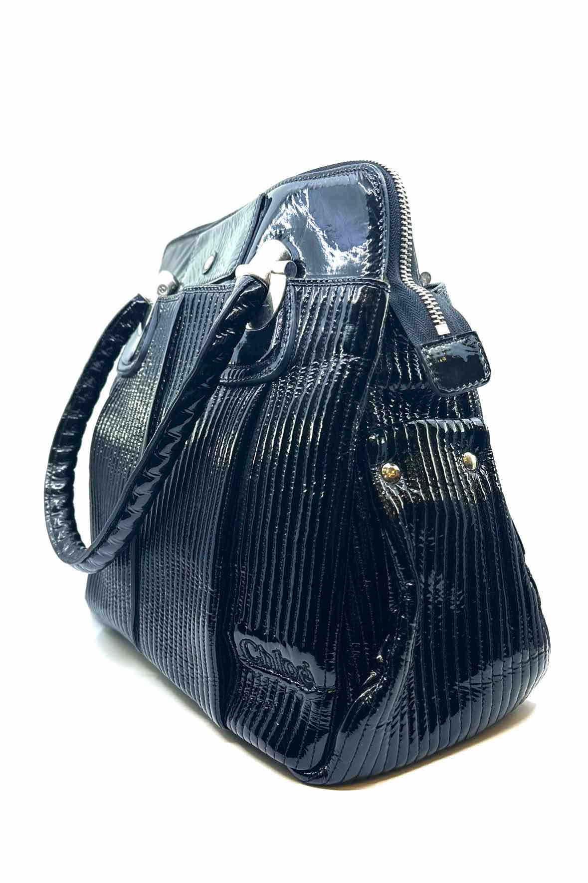 CHLOE Black Patent Leather Ribbed Handbag